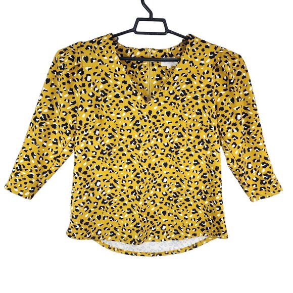 Women's Yellow Melloday Leopard Print Blouse Top V-Neck 3/4 Sleeve Size M - Picture 1 of 10